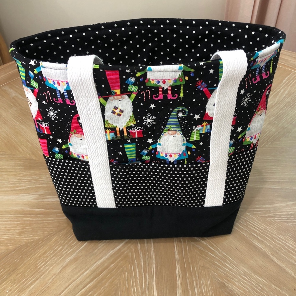 SM Black Whimsical Gnome Tote Bag Pockets Handmade Cotton Canvas Reusable Gift